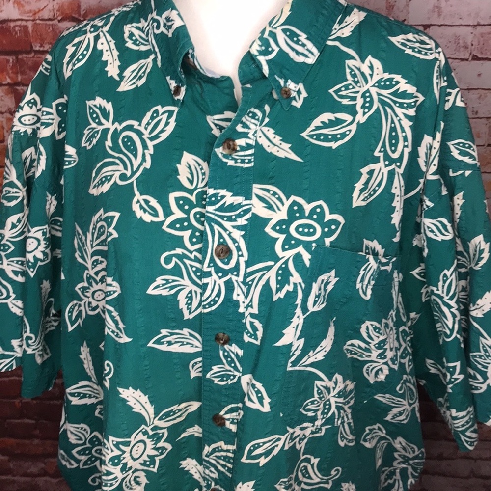 Chaps Ralph Lauren Green and White Hawaiian Shirt - Picture 3 of 10